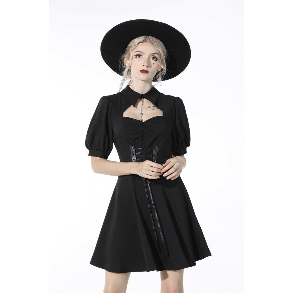Darkinlove Women's Gothic Strappy Cutout Black Pleated Dress