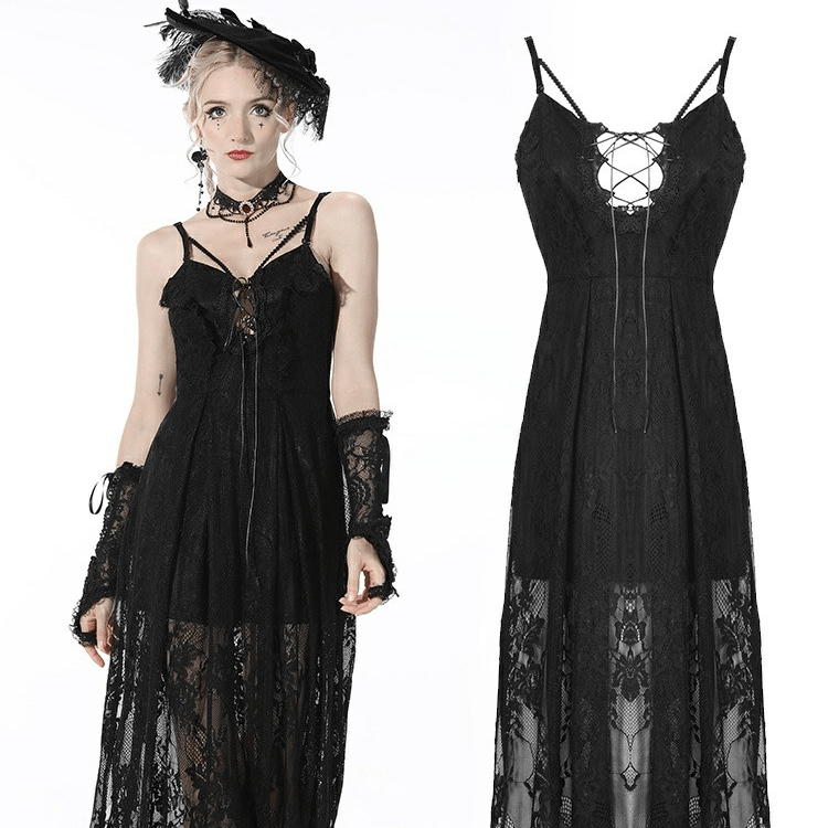 Darkinlove Women's Gothic Strappy Lace Black Slip Dress