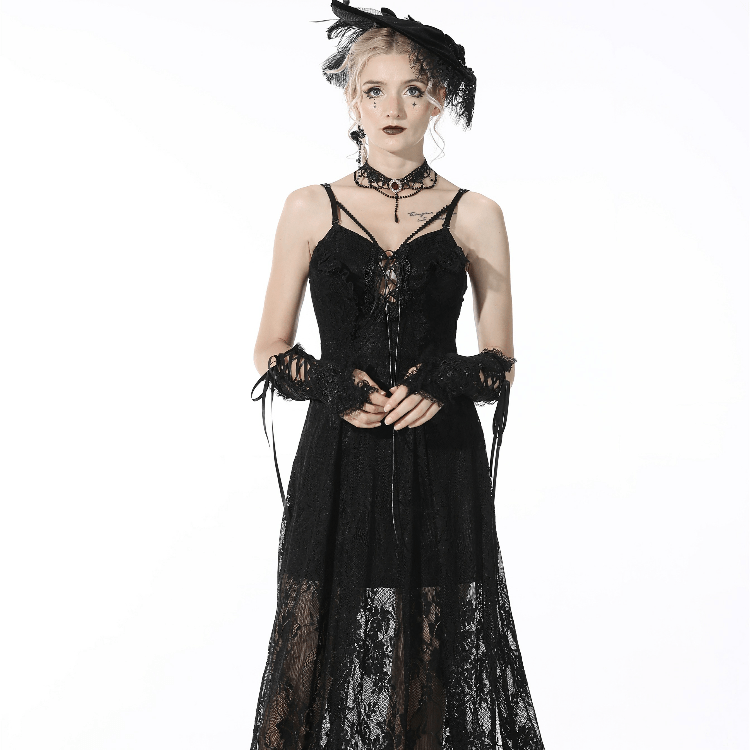 Darkinlove Women's Gothic Strappy Lace Black Slip Dress