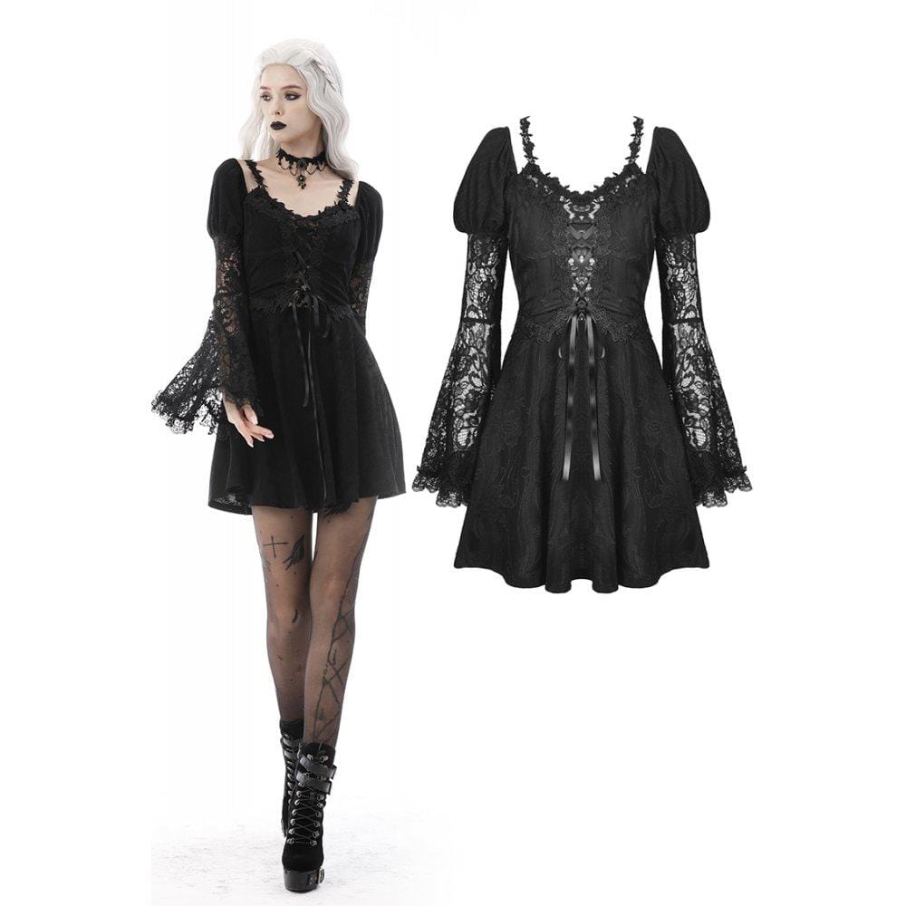 Darkinlove Women's Gothic Strappy Lace Sleeved Dress