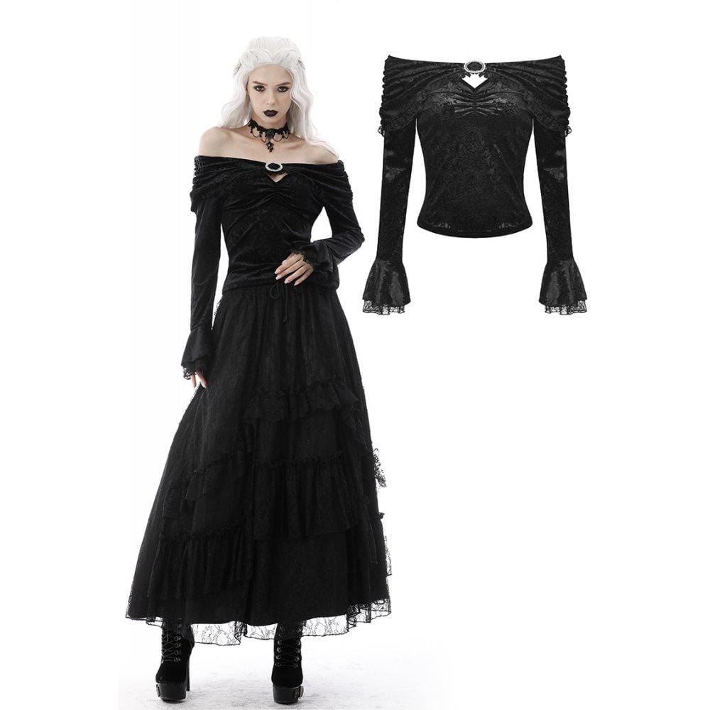 Darkinlove Women's Gothic Strappy Off Shoulder Ruched Shirt