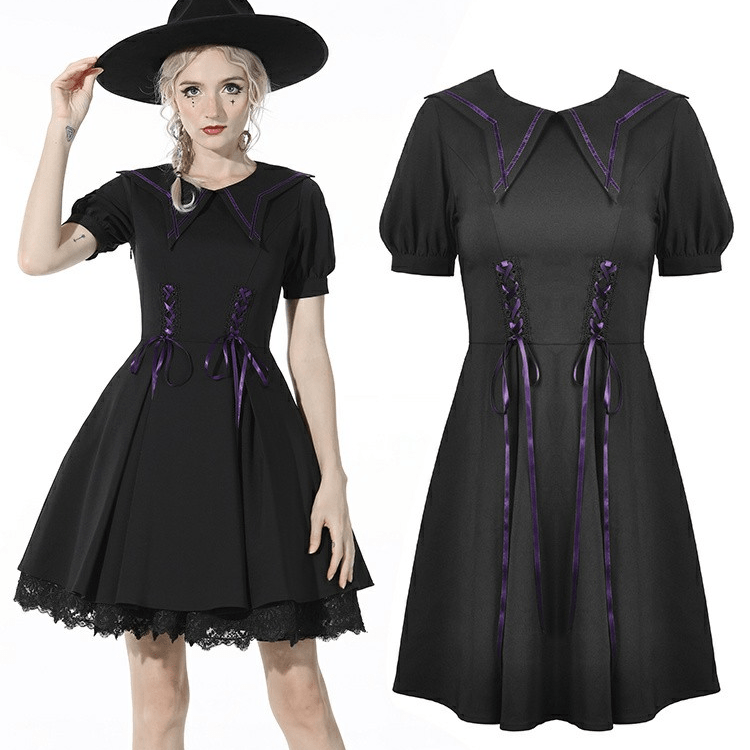 Darkinlove Women's Gothic Strappy Puff Sleeved Black Dress
