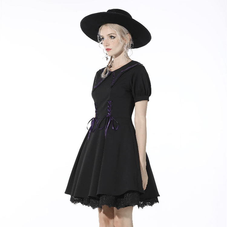 Darkinlove Women's Gothic Strappy Puff Sleeved Black Dress