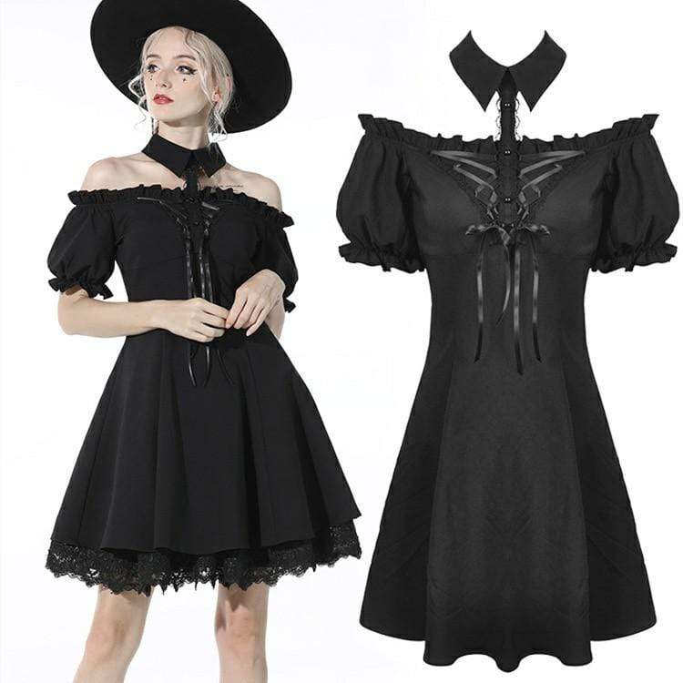 Darkinlove Women's Gothic Strappy Puff Sleeved Black Halterneck Dress