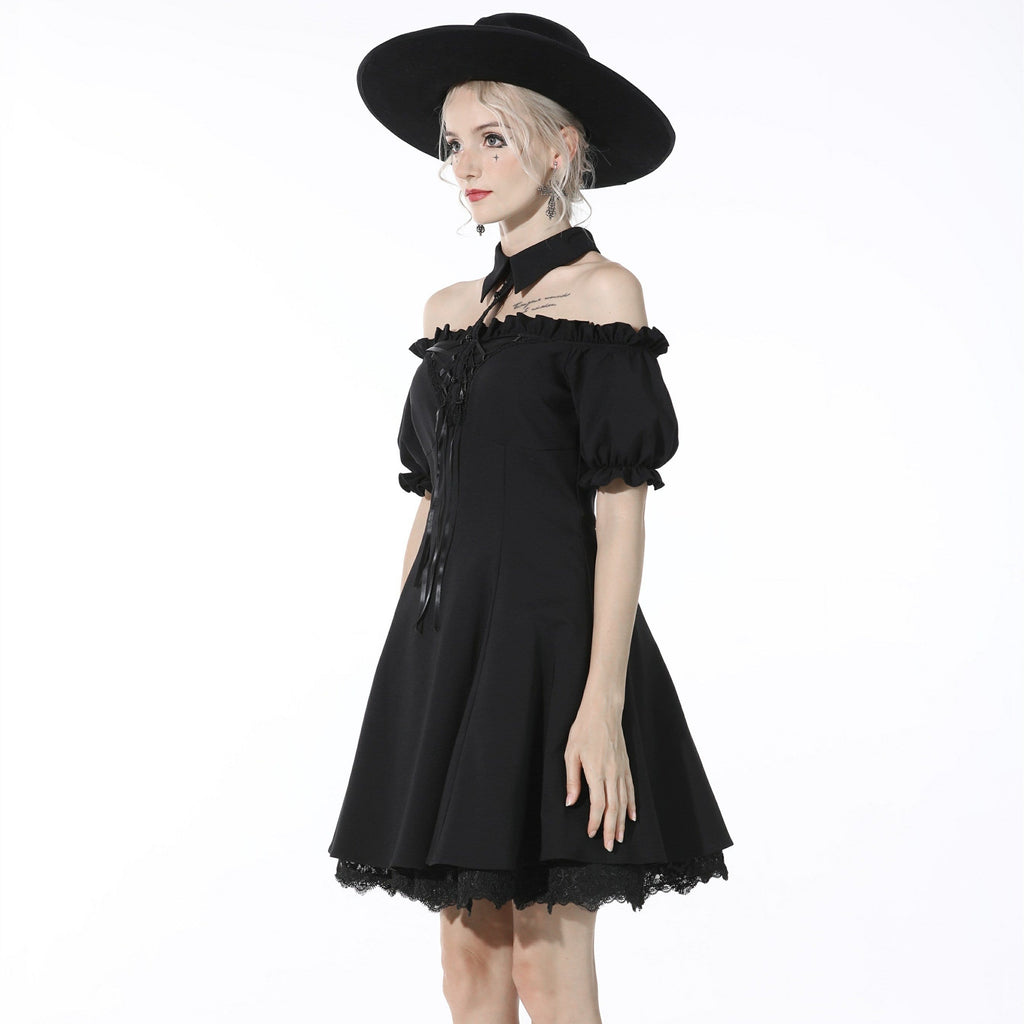 Darkinlove Women's Gothic Strappy Puff Sleeved Black Halterneck Dress