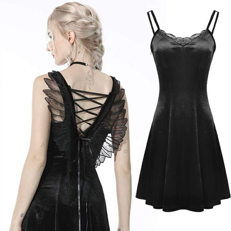 Darkinlove Women's Gothic Strappy Wing Black Slip Dress Wedding Dress