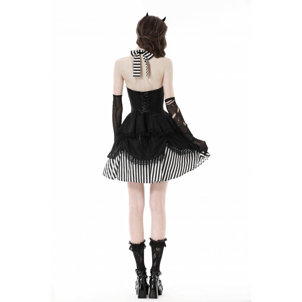 Darkinlove Women's Gothic Striped Splice Layered Halterneck Dress