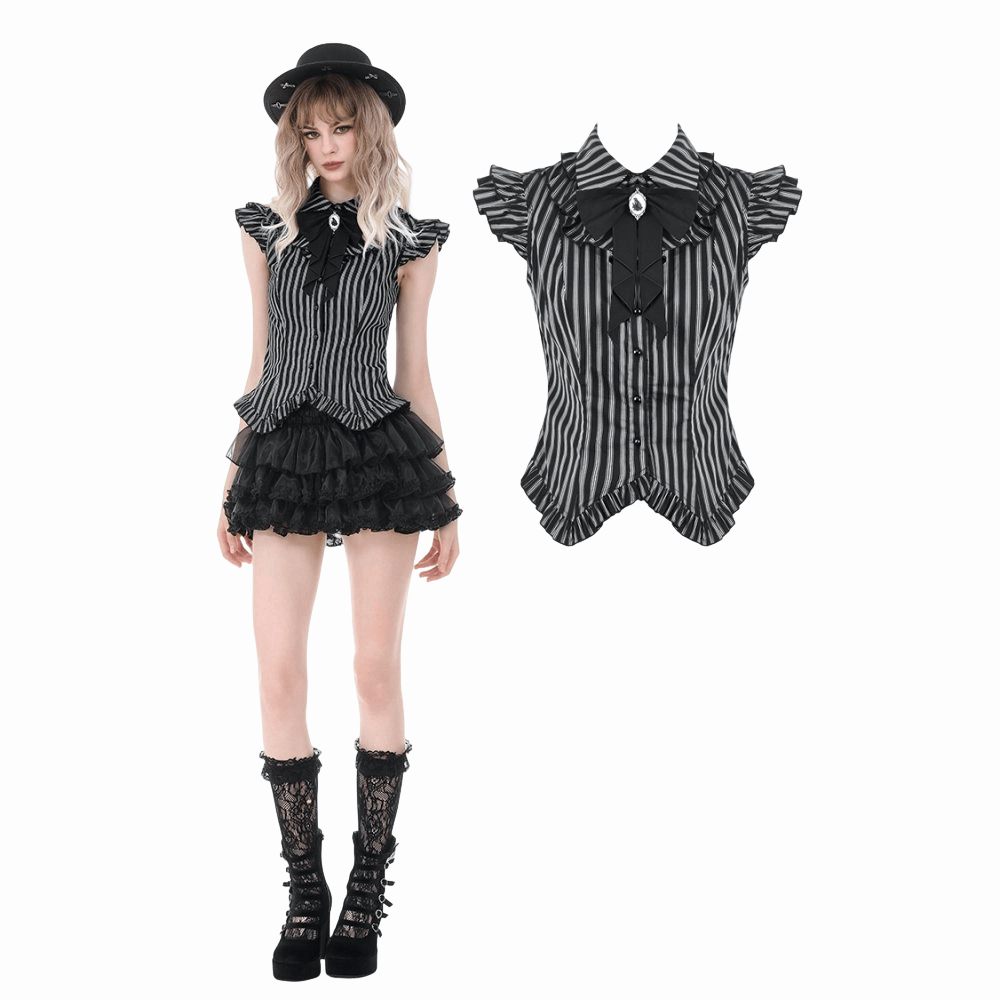 Darkinlove Women's Gothic Striped Turn-down Collar Shirt with Detachable Tie