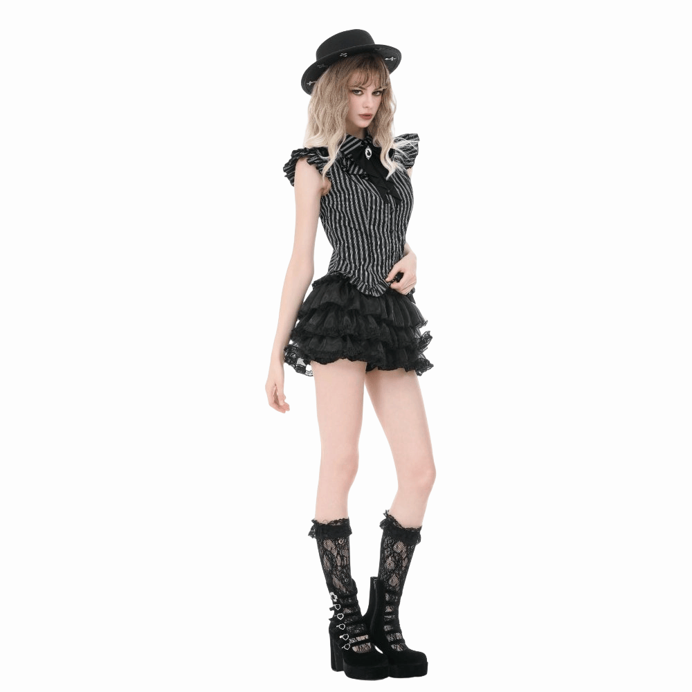 Darkinlove Women's Gothic Striped Turn-down Collar Shirt with Detachable Tie