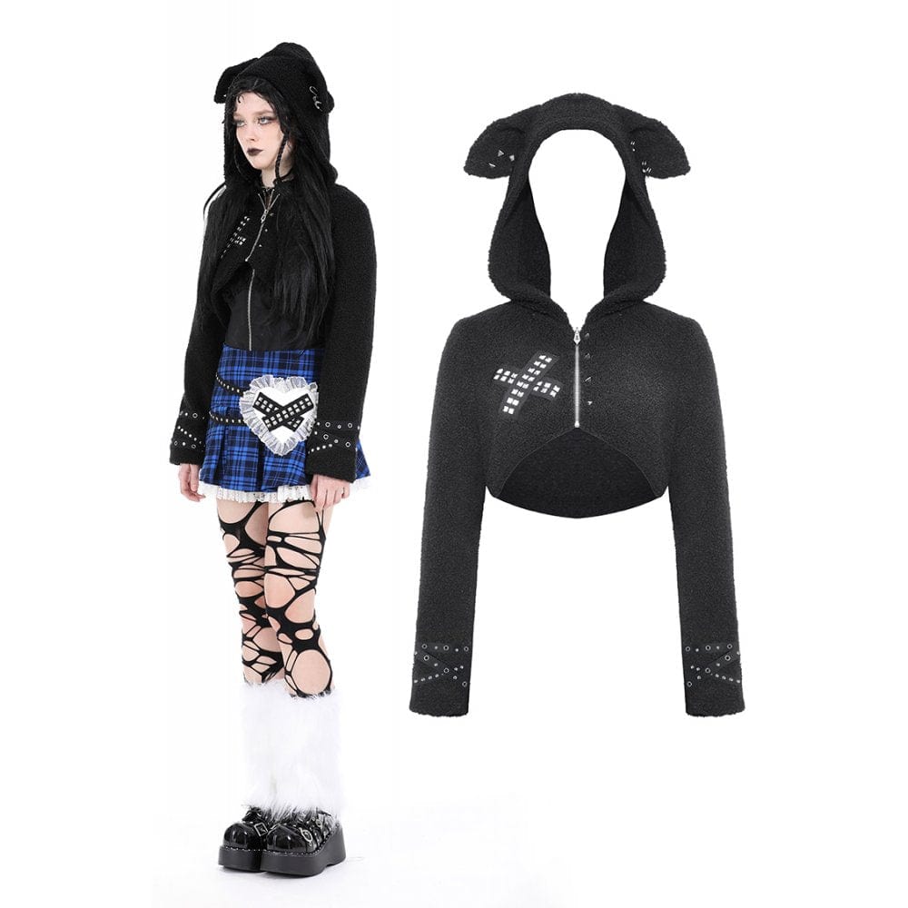 Women's Gothic Studded Sherpa Jacket with Hood – Punk Design Women's Gothic Studded Sherpa Jacket with Hood – Punk Design