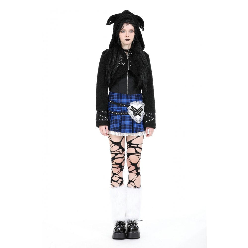 Darkinlove Women's Gothic Studded Sherpa Jacket with Hood