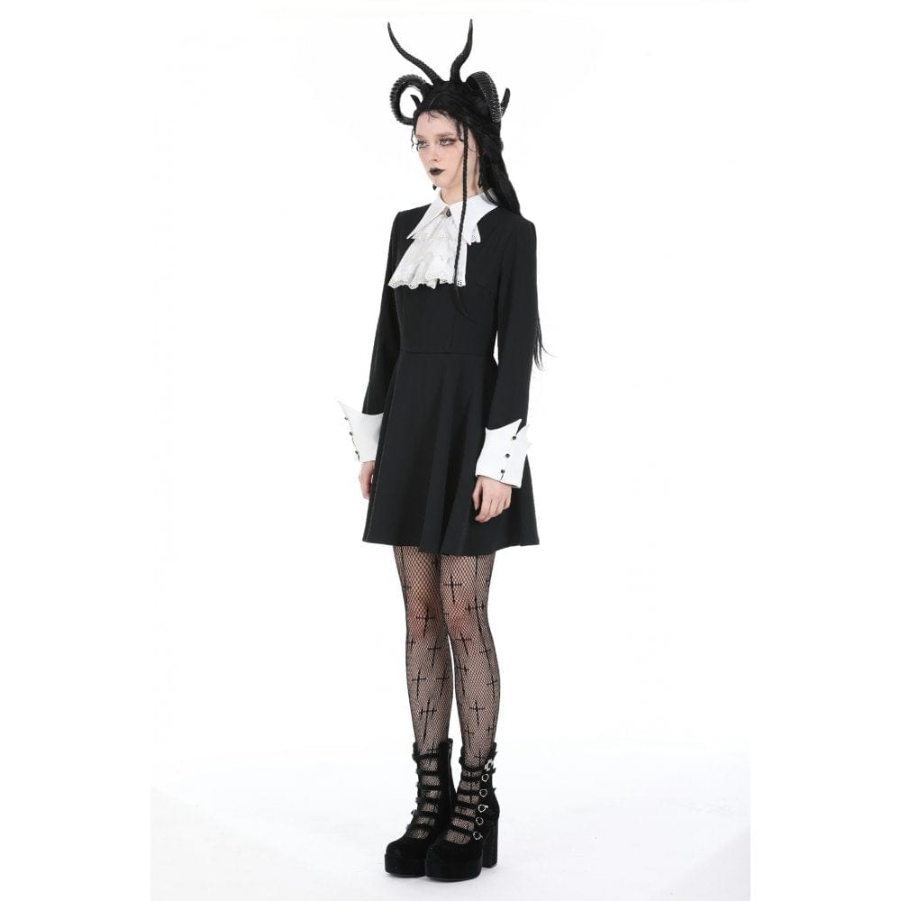 Darkinlove Women's Gothic Turn-down Collar Double Color Ruffled Dress
