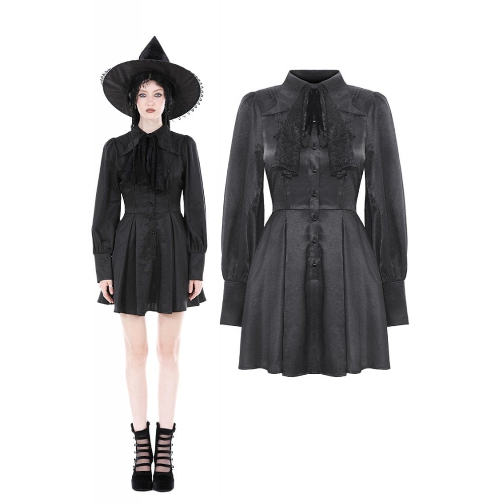 Darkinlove Women's Gothic Turn-down Collar Dress with Necktie