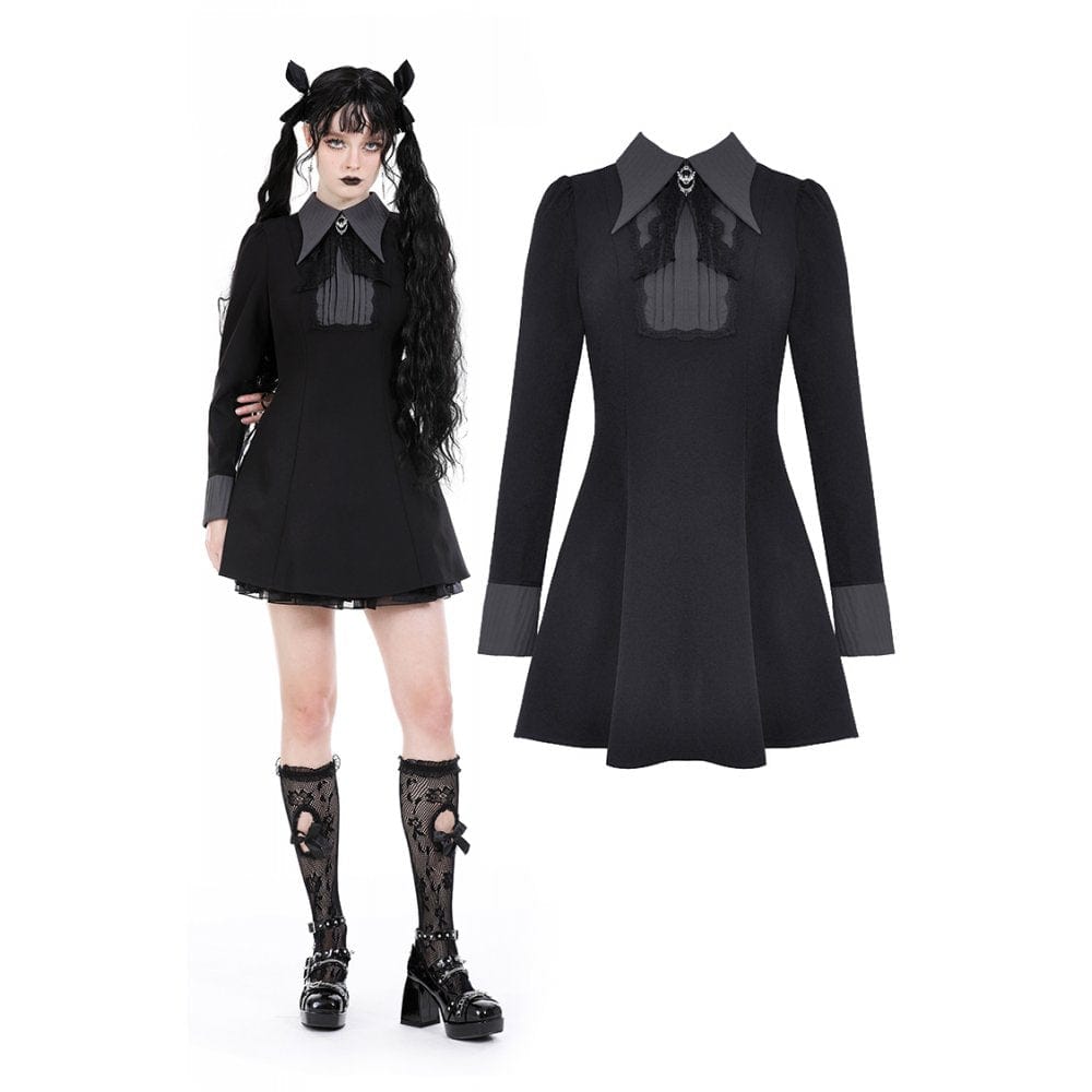 Darkinlove Women's Gothic Turn-down Collar Mesh Splice Dress