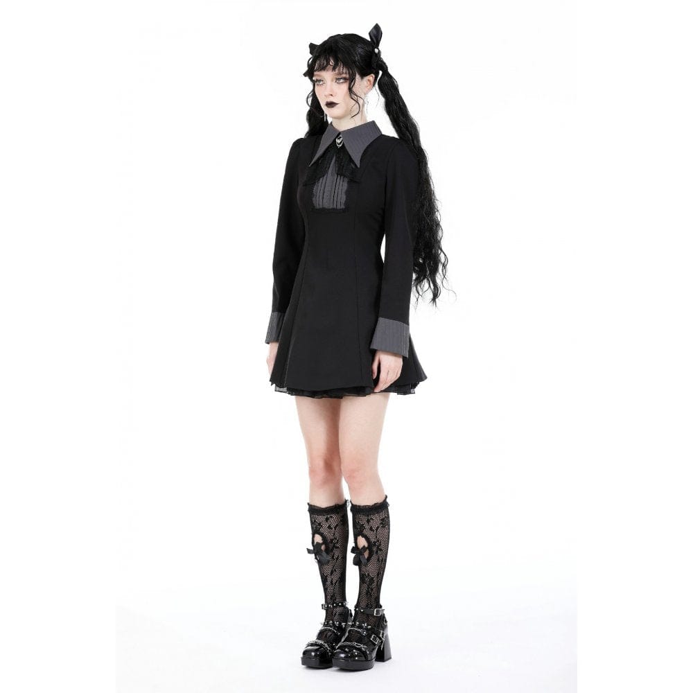 Darkinlove Women's Gothic Turn-down Collar Mesh Splice Dress