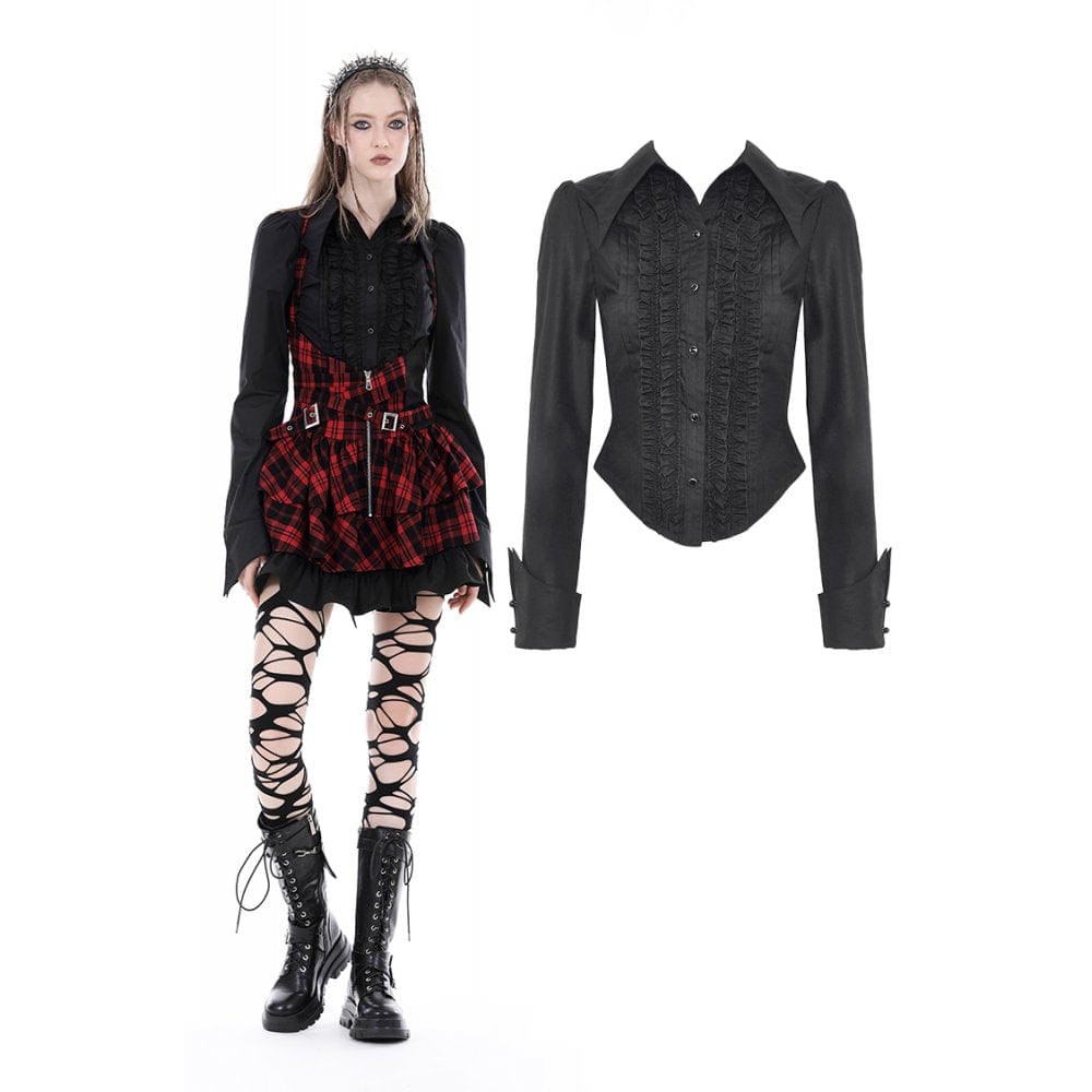 Darkinlove Damen Gothic Umlegekragen Rüschenhemd Schwarz