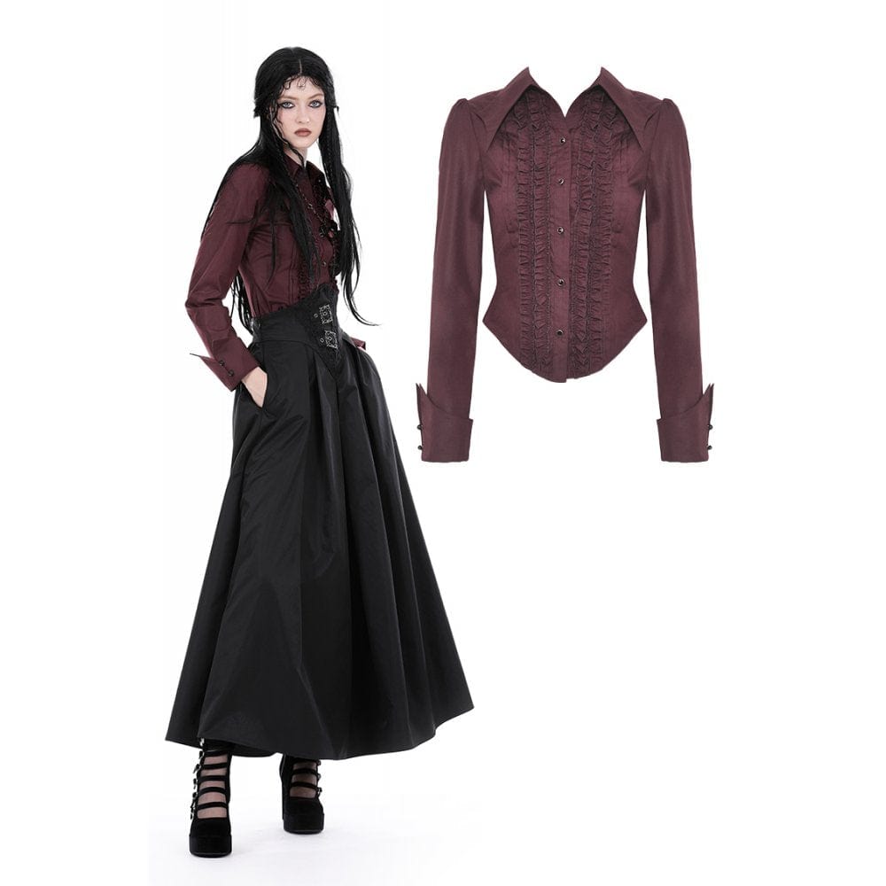 Darkinlove Women's Gothic Turn-down Collar Ruffled Shirt Red