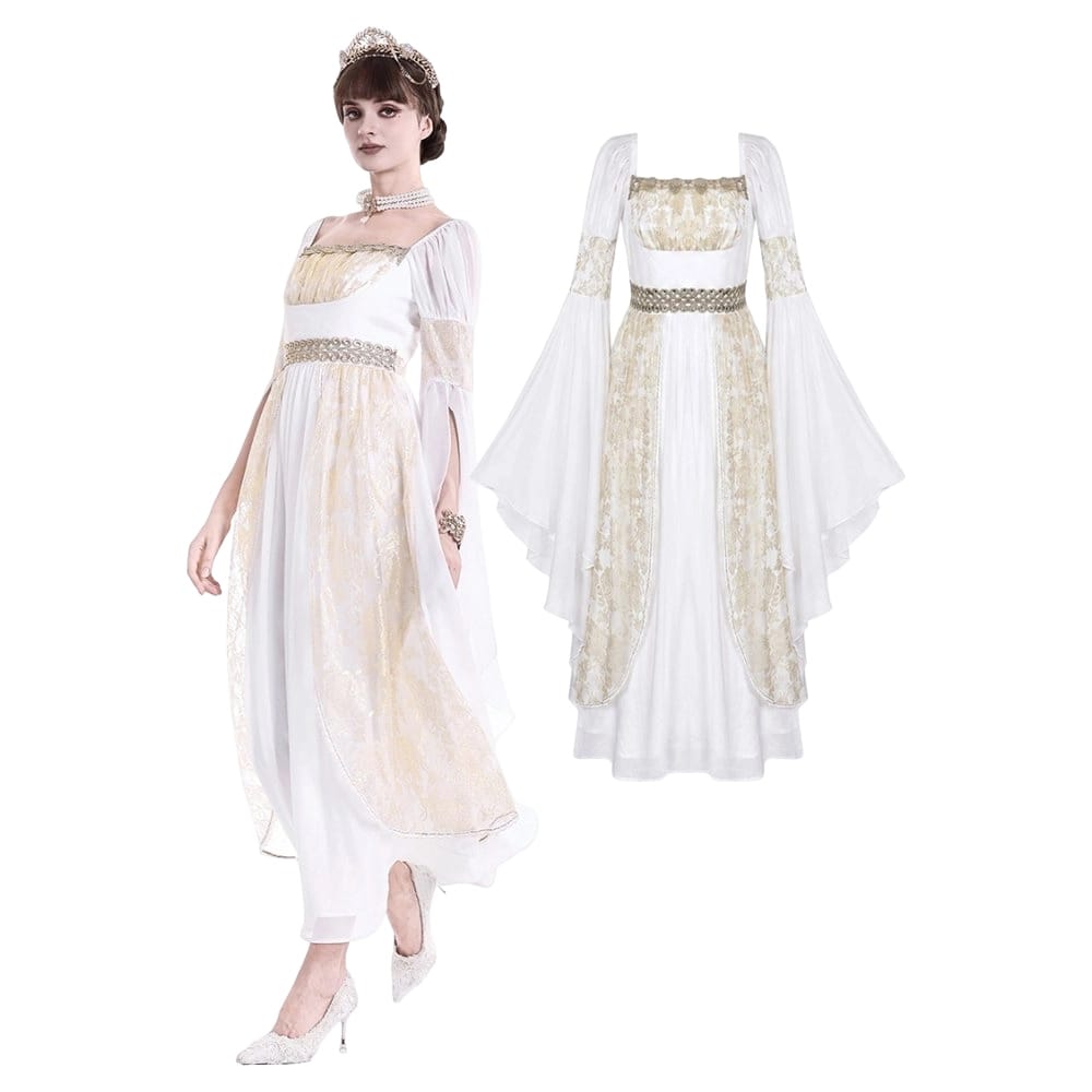 Darkinlove Women's Gothic Two-tone Square-cut Collar Angel Bell Sleeve Lace Chiffon Maxi Dress