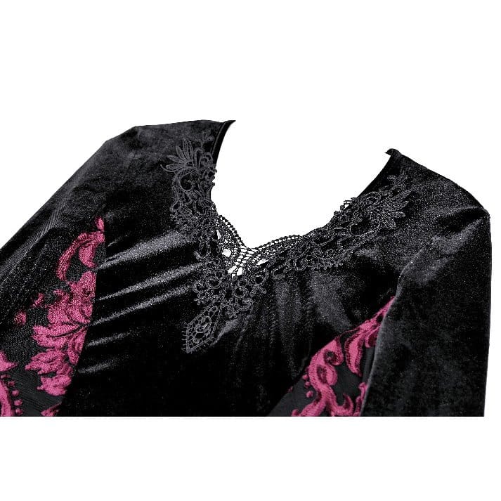 Darkinlove Women's Gothic Velvet Applique V-neck Flare Sleeve Maxi Dress