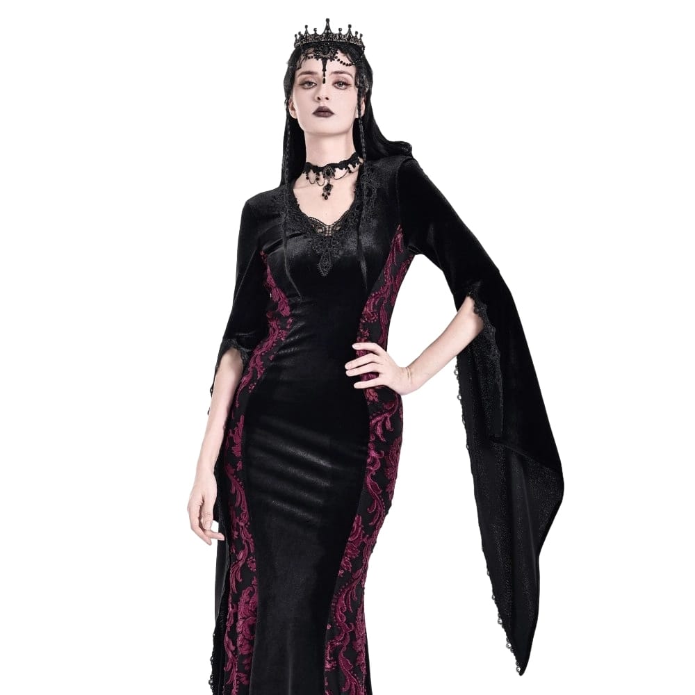 Darkinlove Women's Gothic Velvet Applique V-neck Flare Sleeve Maxi Dress