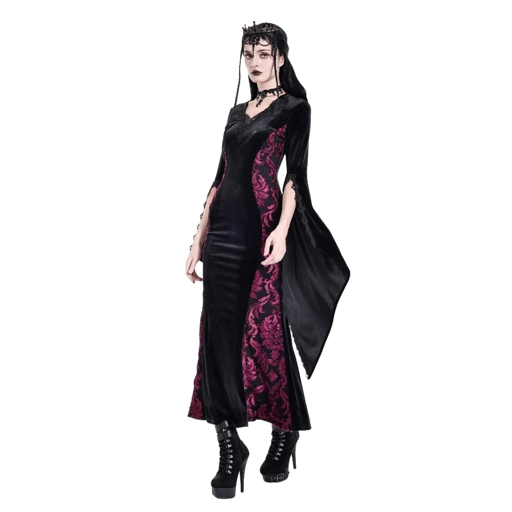 Darkinlove Women's Gothic Velvet Applique V-neck Flare Sleeve Maxi Dress