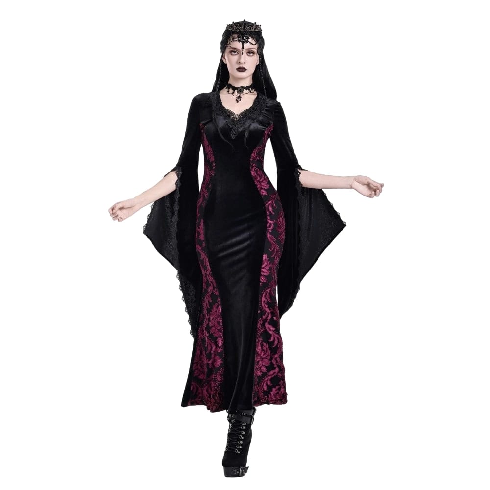 Darkinlove Women's Gothic Velvet Applique V-neck Flare Sleeve Maxi Dress