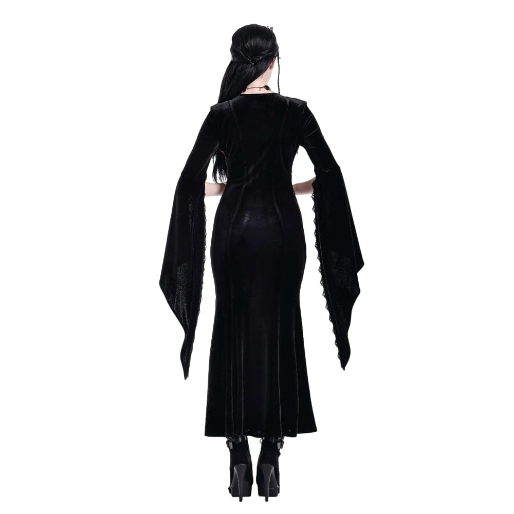 Darkinlove Women's Gothic Velvet Applique V-neck Flare Sleeve Maxi Dress