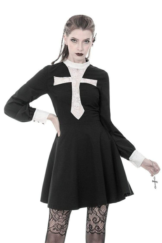 Darkinlove Women's Gothic Vintage Skelenton Black Dresses With Big White Cross Front