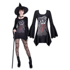 Darkinlove Women's Gothic Witch Print Irregular Hem Flare Sleeve Short Dress