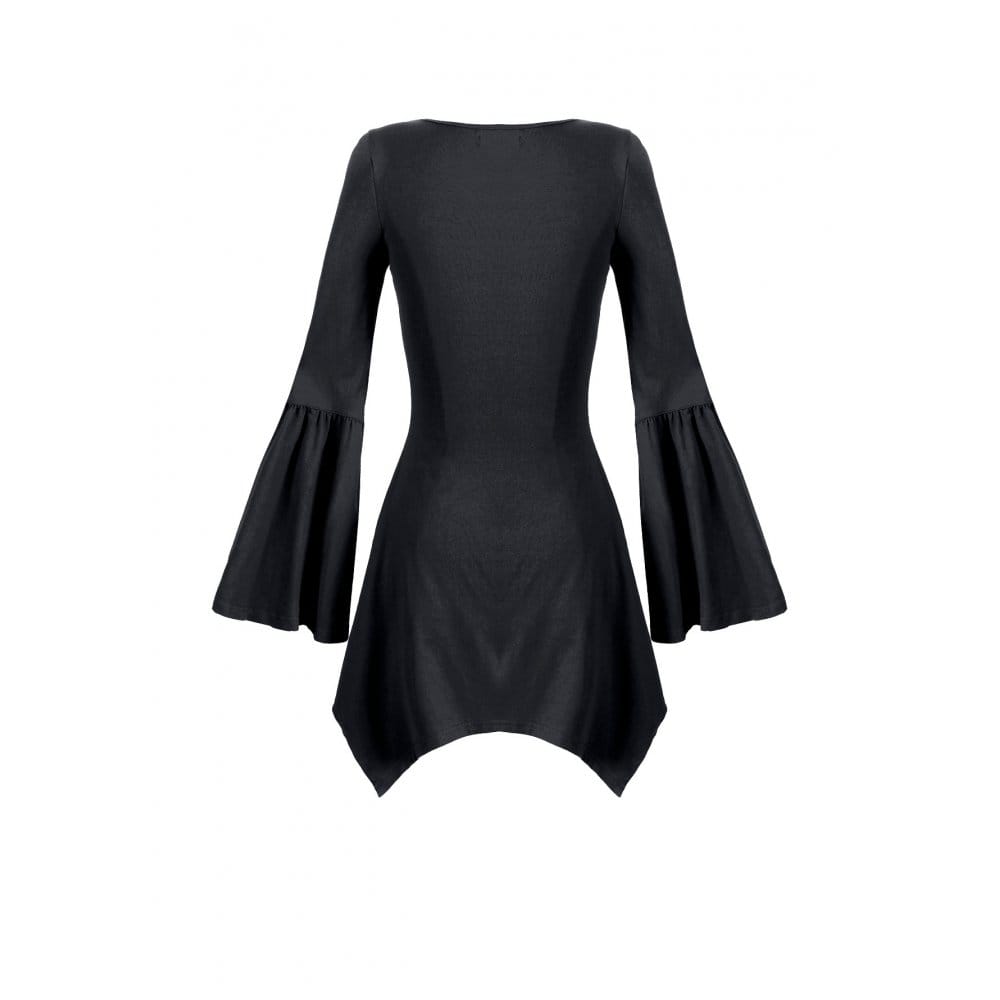 Darkinlove Women's Gothic Witch Print Irregular Hem Flare Sleeve Short Dress