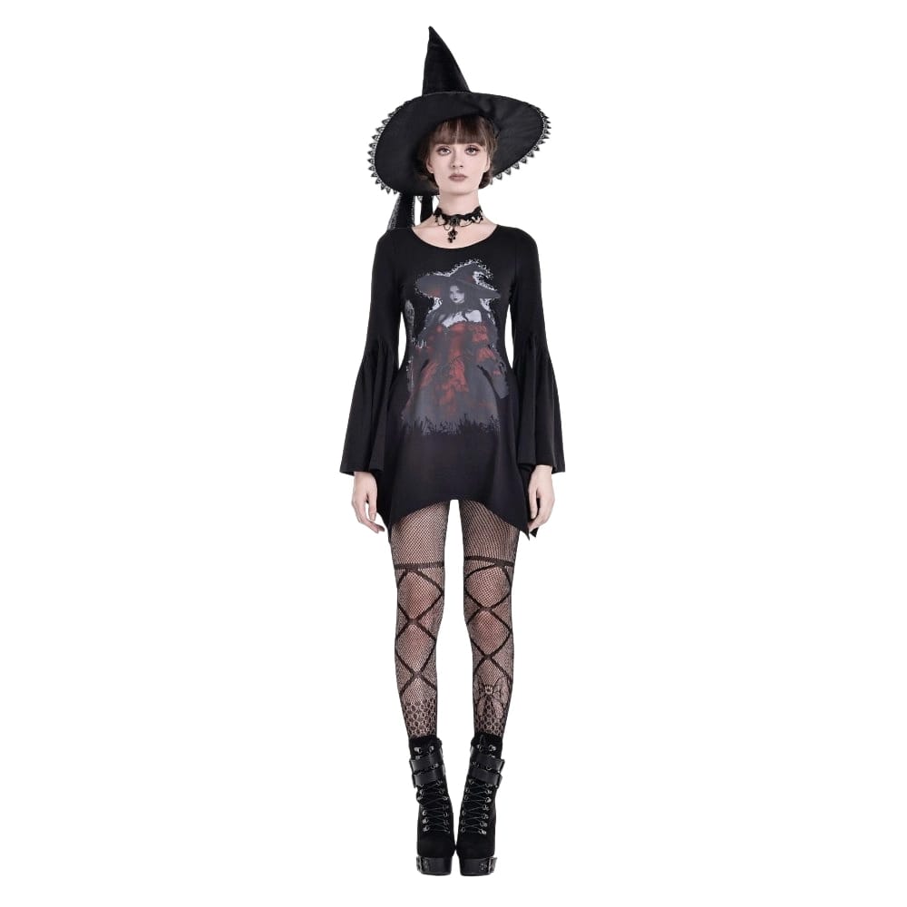 Darkinlove Women's Gothic Witch Print Irregular Hem Flare Sleeve Short Dress