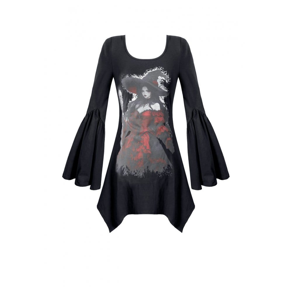 Darkinlove Women's Gothic Witch Print Irregular Hem Flare Sleeve Short Dress