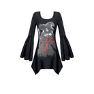 Darkinlove Women's Gothic Witch Print Irregular Hem Flare Sleeve Short Dress