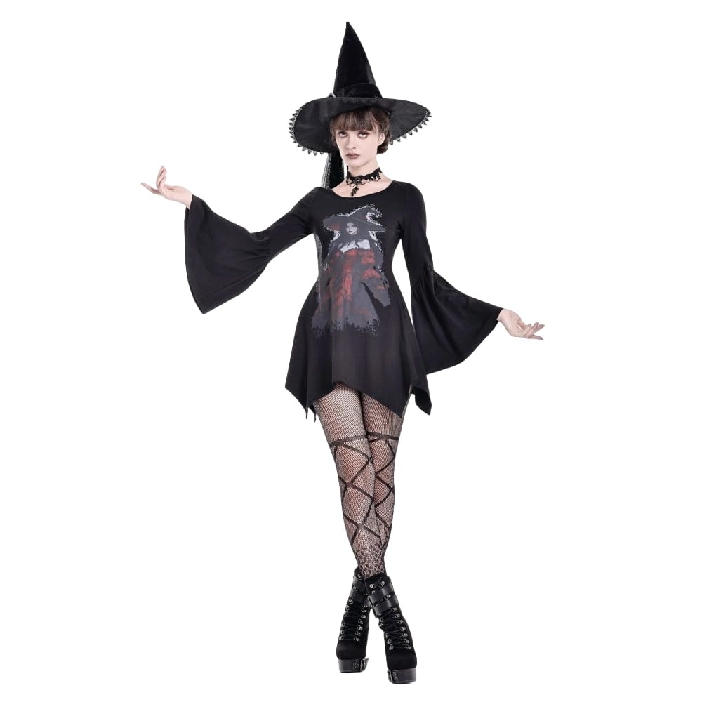 Darkinlove Women's Gothic Witch Print Irregular Hem Flare Sleeve Short Dress