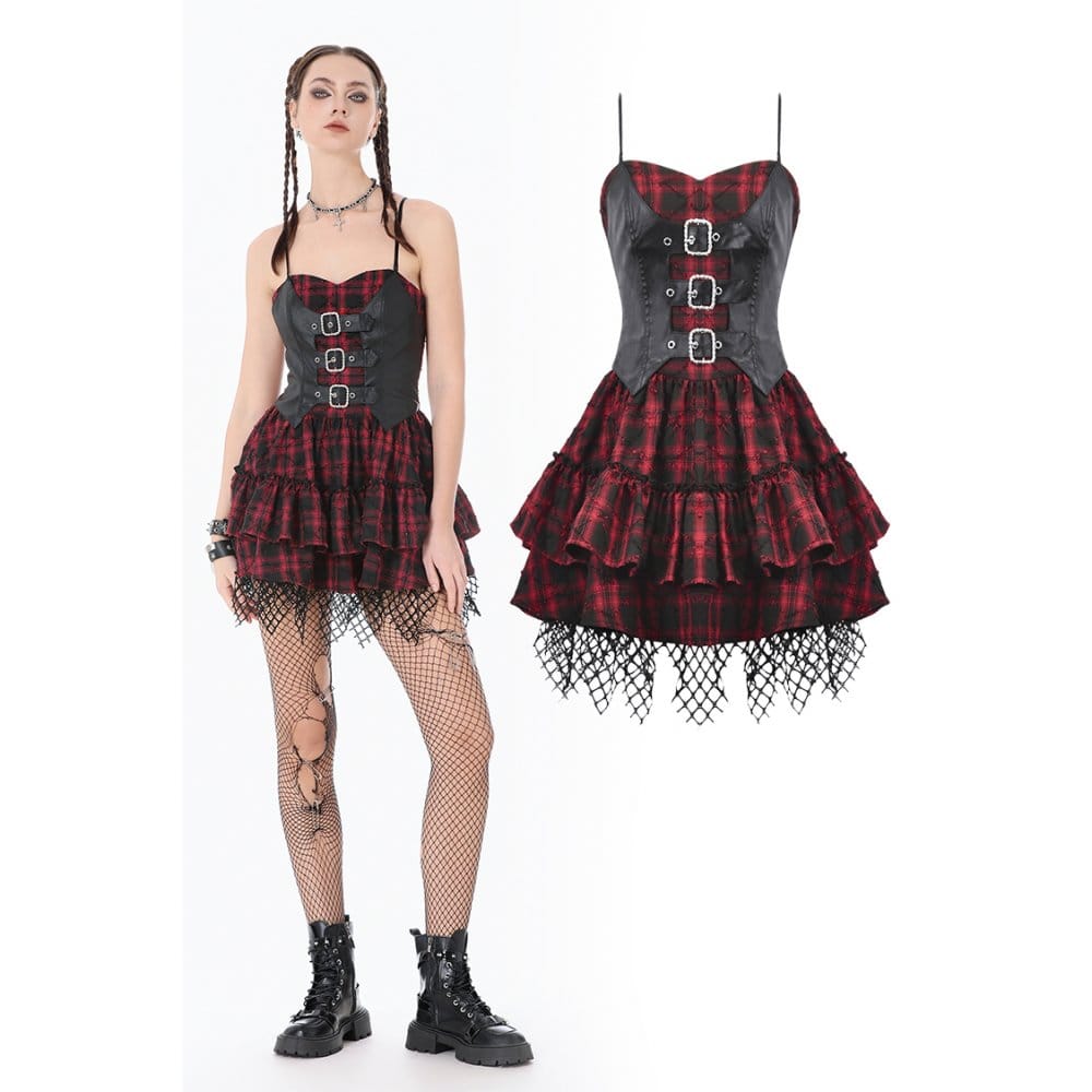 Darkinlove Women's Grunge Buckle-up Plaid Slip Dress