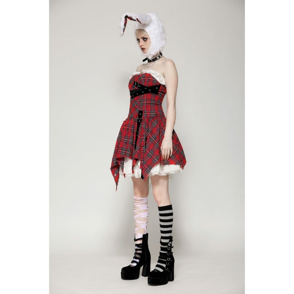 Darkinlove Women's Grunge Buckle-up Ripped Plaid Dress Red