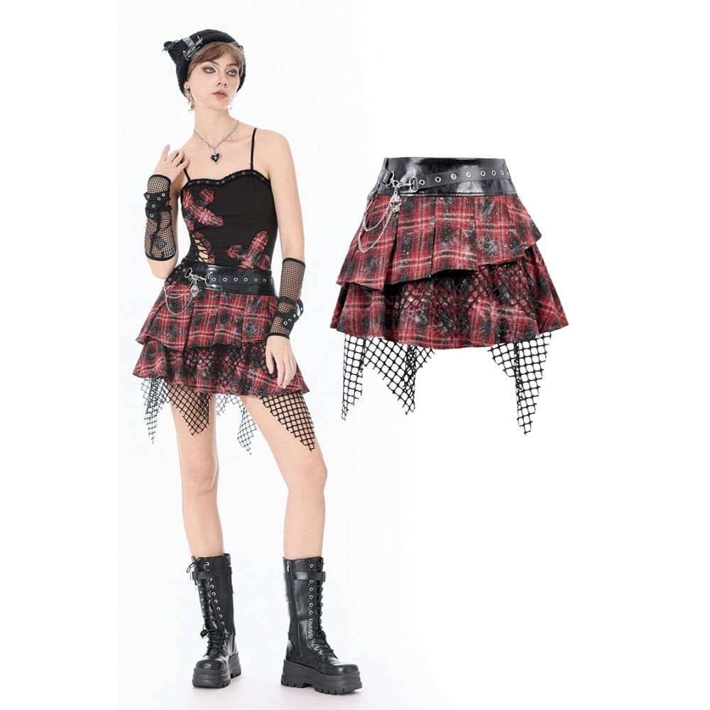 Darkinlove Women's Grunge Chained Multilayer Plaid Skirt