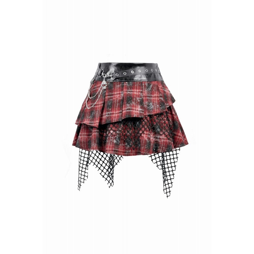 Darkinlove Women's Grunge Chained Multilayer Plaid Skirt