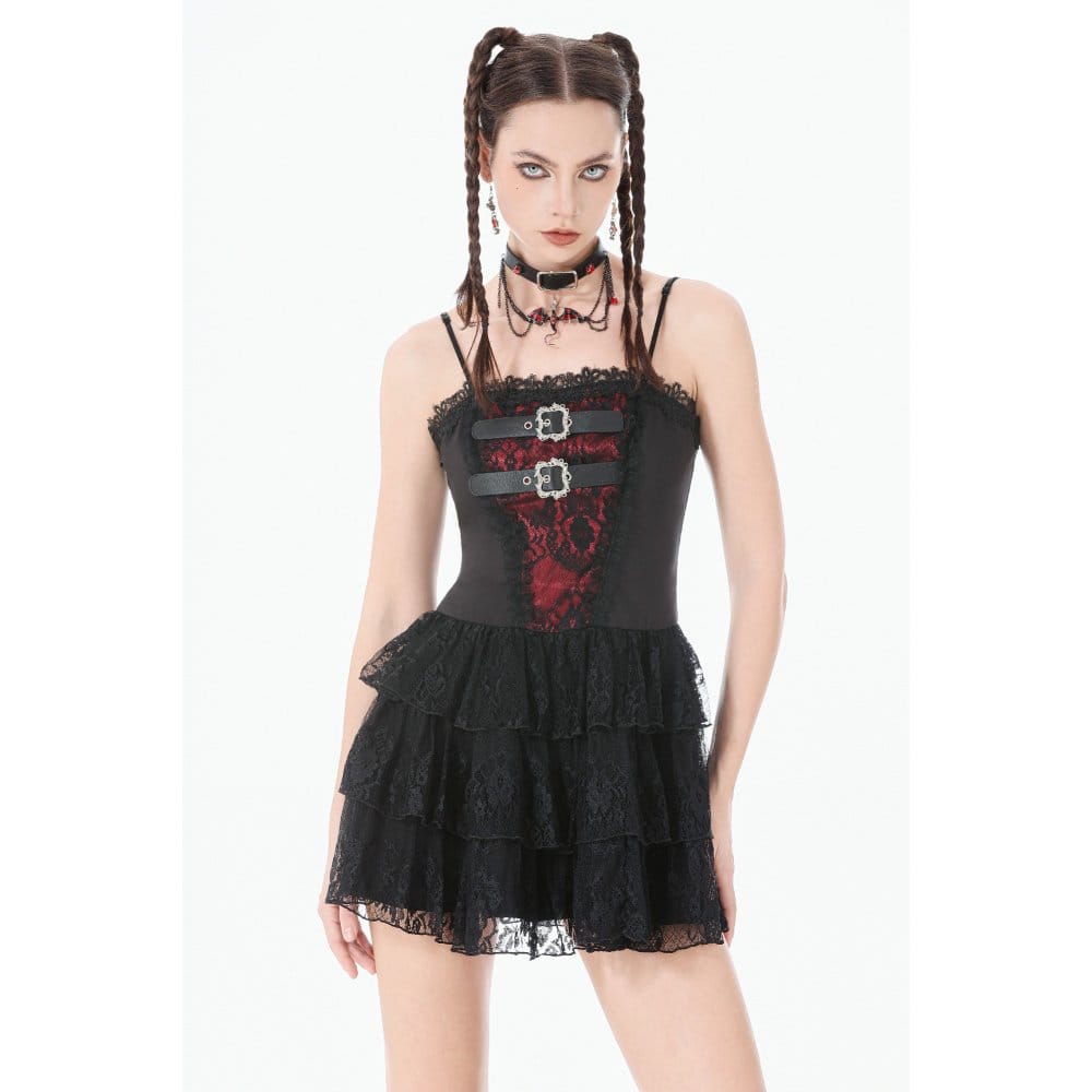 Darkinlove Women's Grunge Contrast Color Lace Tiered Slip Dress