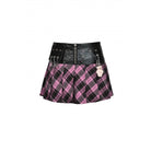 Darkinlove Women's Grunge Faux Leather Splice Plaid Pleated Shirt