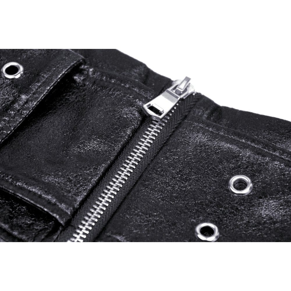 Darkinlove Women's Grunge Faux Leather Splice Plaid Pleated Shirt