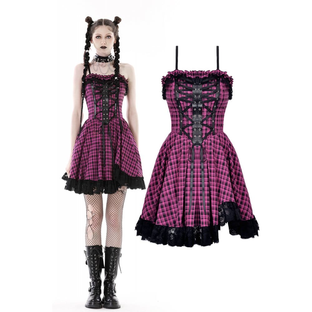 Darkinlove Women's Grunge Lace Hem Plaid Slip Dress
