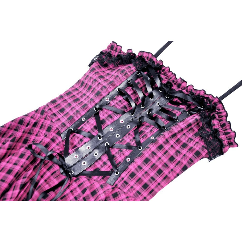 Darkinlove Women's Grunge Lace Hem Plaid Slip Dress
