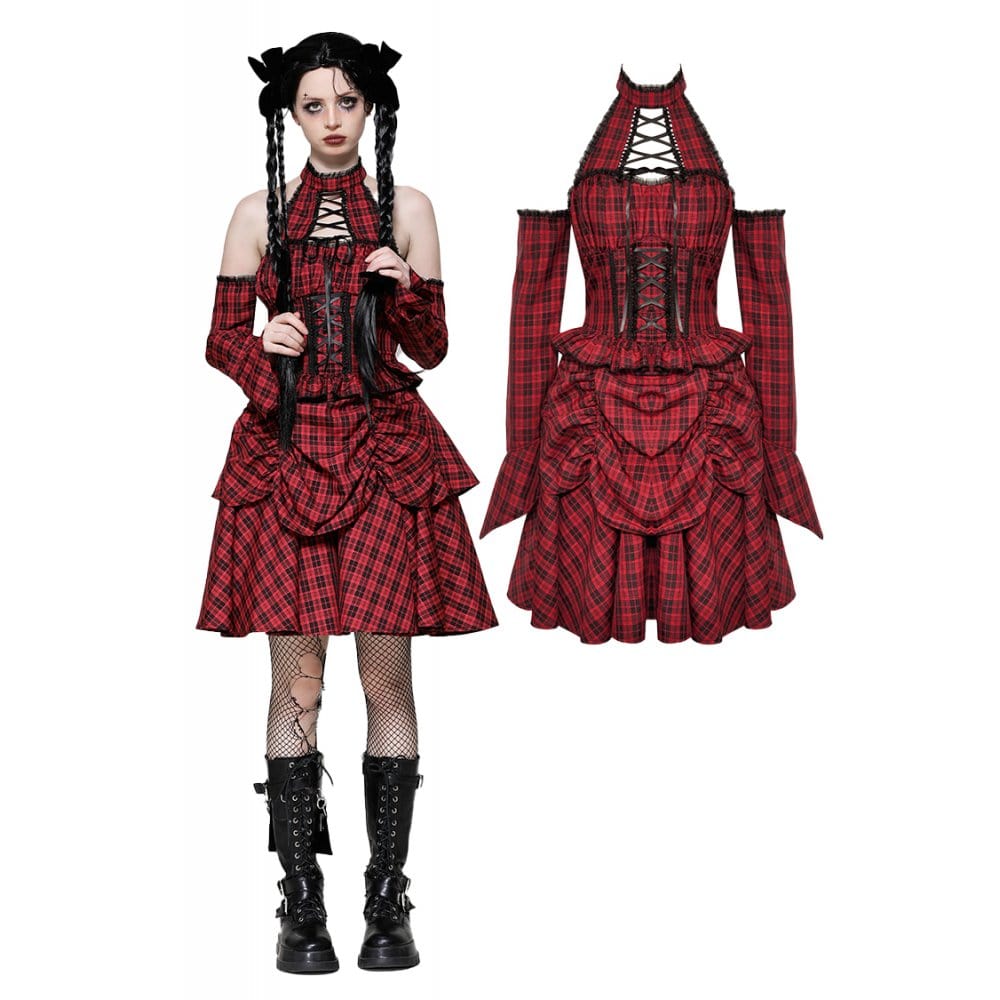 Darkinlove Women's Grunge Lace-up Plaid Dress with Gloves Red