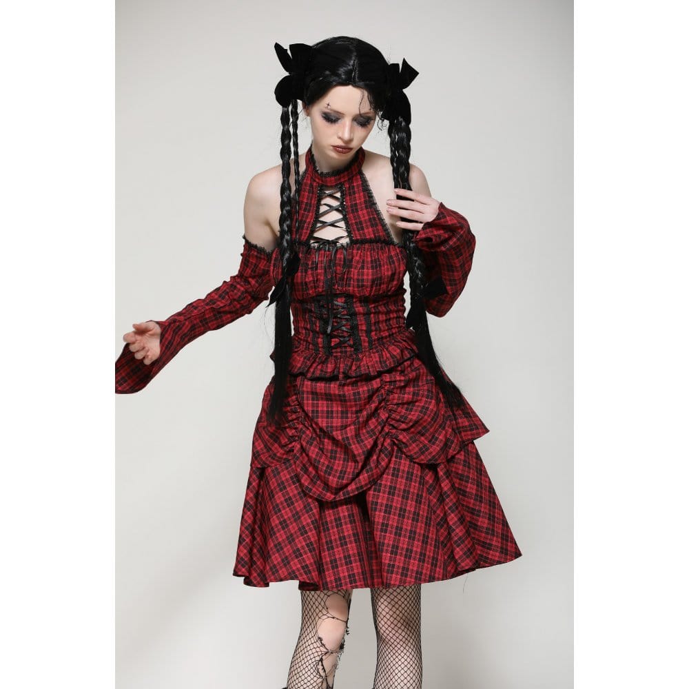 Darkinlove Women's Grunge Lace-up Plaid Dress with Gloves Red