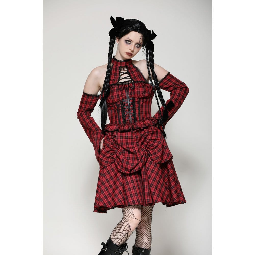 Darkinlove Women's Grunge Lace-up Plaid Dress with Gloves Red