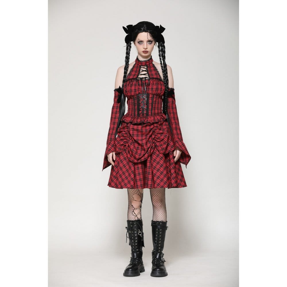 Darkinlove Women's Grunge Lace-up Plaid Dress with Gloves Red