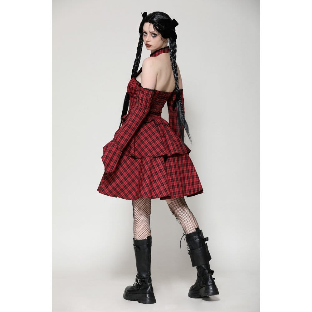 Darkinlove Women's Grunge Lace-up Plaid Dress with Gloves Red