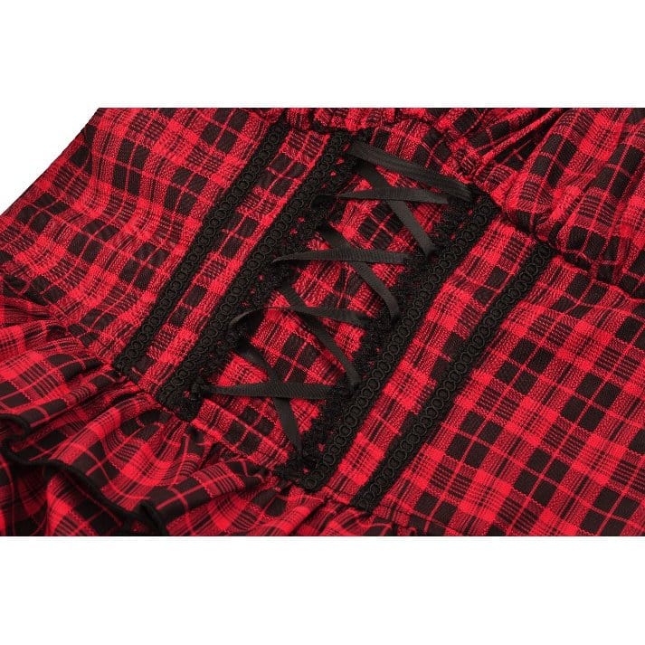 Darkinlove Women's Grunge Lace-up Plaid Dress with Gloves Red