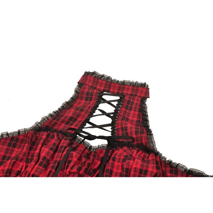 Darkinlove Women's Grunge Lace-up Plaid Dress with Gloves Red